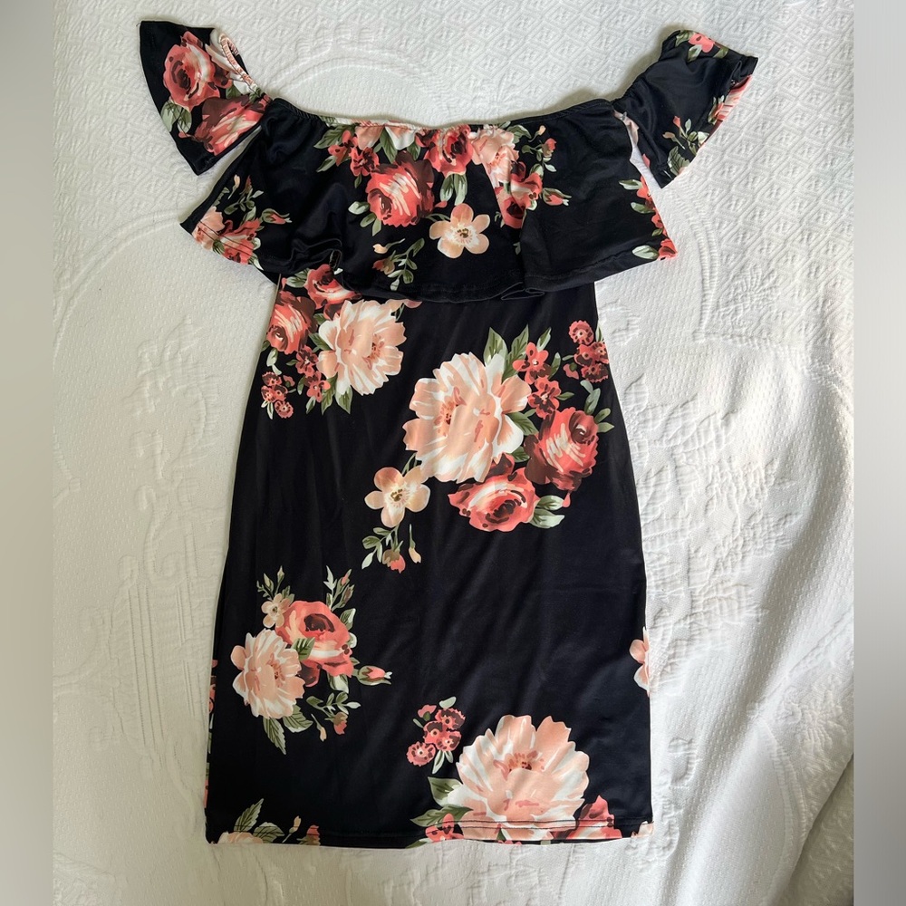Vintage Off-the-Shoulder Sleeve Dress Black/Rose Floral Women’s Size Small - Picture 12 of 14